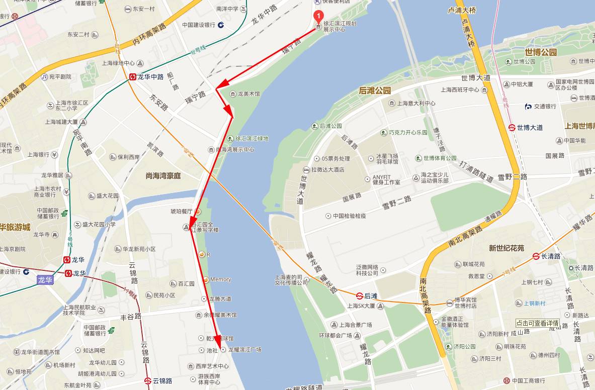 夜跑路线:徐汇滨江规划展示中心—瑞宁路—龙腾大道滨江线—龙耀滨江