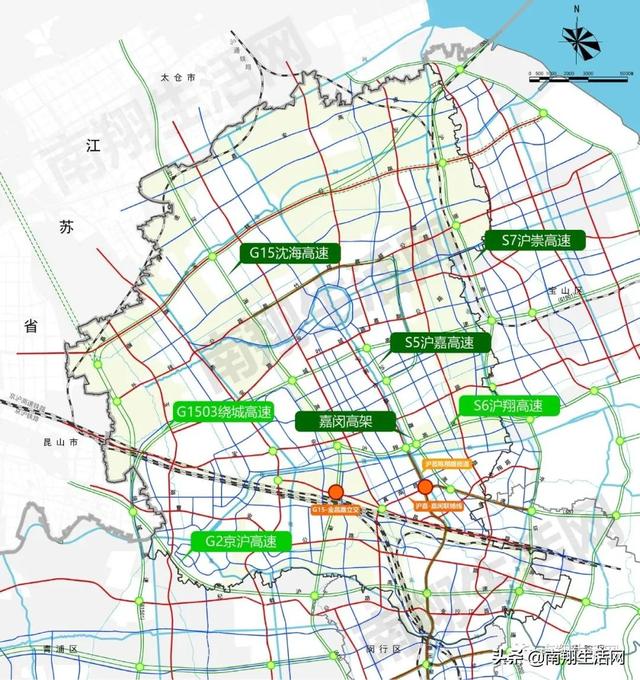 三横:   g1503郊环线,s6沪翔高速,g2京沪高速   四纵:   s7沪崇高速