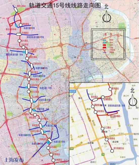 　　15号线：自顾村公园站至紫竹园区站，全长39.8公里，车站30座。目前已开工车站14座。