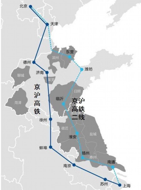 中国高铁规划中的京沪高铁二线地图如下所示.