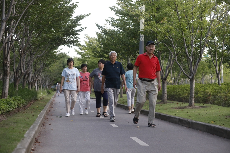 2023年9月1日傍晚，市民前往中环绿廊，或漫步游览，或跑步健身，感受久违的夏日清凉。